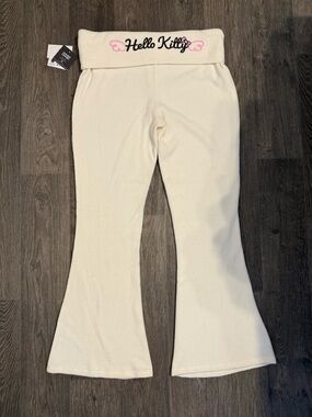 NWT Hello Kitty Fold Over Off-White Knit Flared Pants with Pink Logo